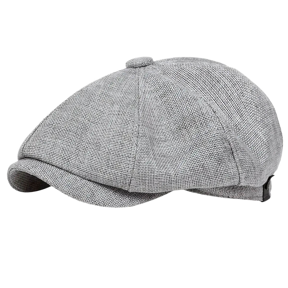 Gray textured herringbone tweed flat cap with six-panel design and curved brim vintage peaky blinders style