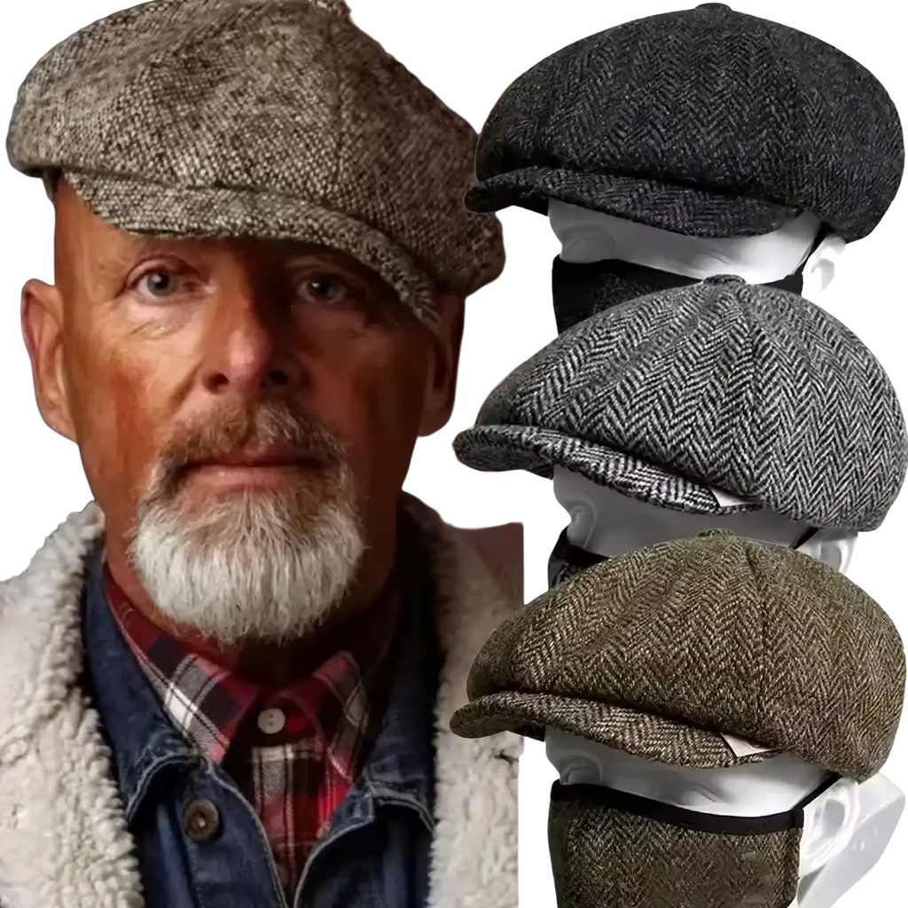 A man wearing a herringbone tweed flat cap in earthy tones featuring a vintage peaky blinders beret style