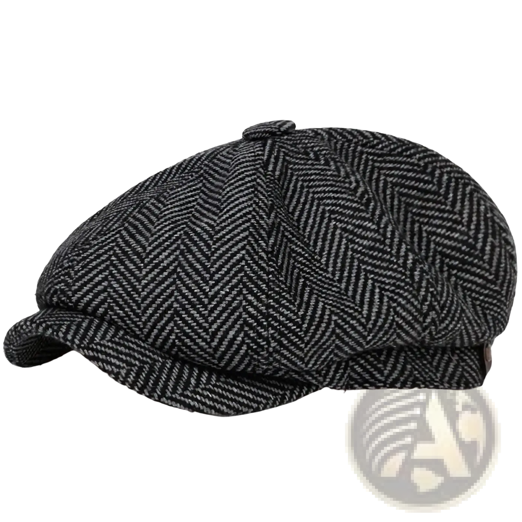 A classic black and gray woolen herringbone tweed flat cap with six-panel structured design vintage Peaky Blinders beret