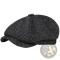 A classic black and gray woolen herringbone tweed flat cap with six-panel structured design vintage Peaky Blinders beret