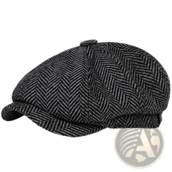 A classic black and gray woolen herringbone tweed flat cap with six-panel structured design vintage Peaky Blinders beret