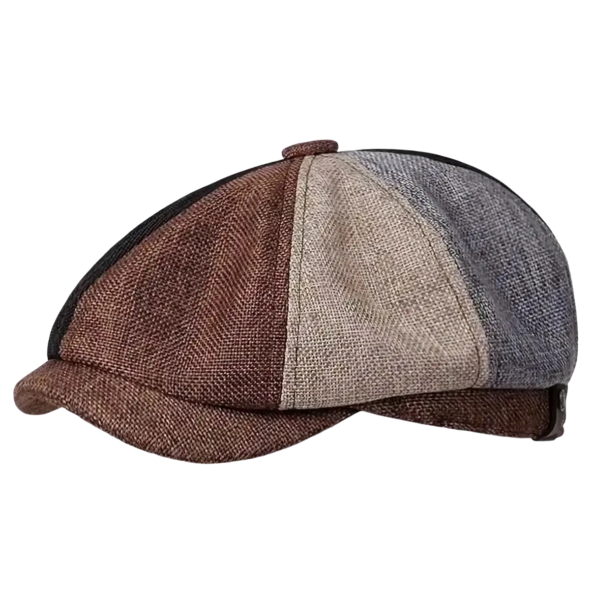 A stylish vintage peaky blinders flat cap in multi-colored tweed with brown, beige, and gray herringbone pattern