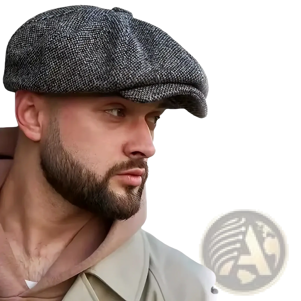 A textured gray herringbone tweed flat cap with structured slightly curved brim vintage peaky blinders beret