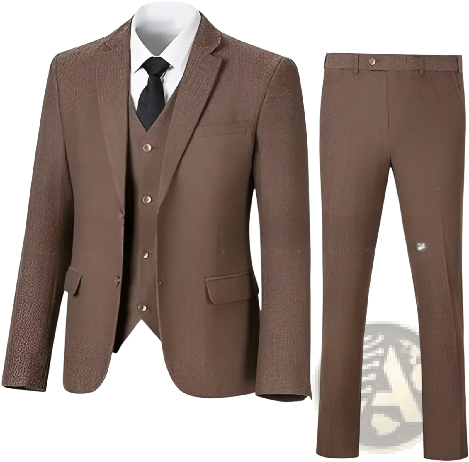 Brown tweed herringbone wool three piece slim work suit with textured pattern and matching vest