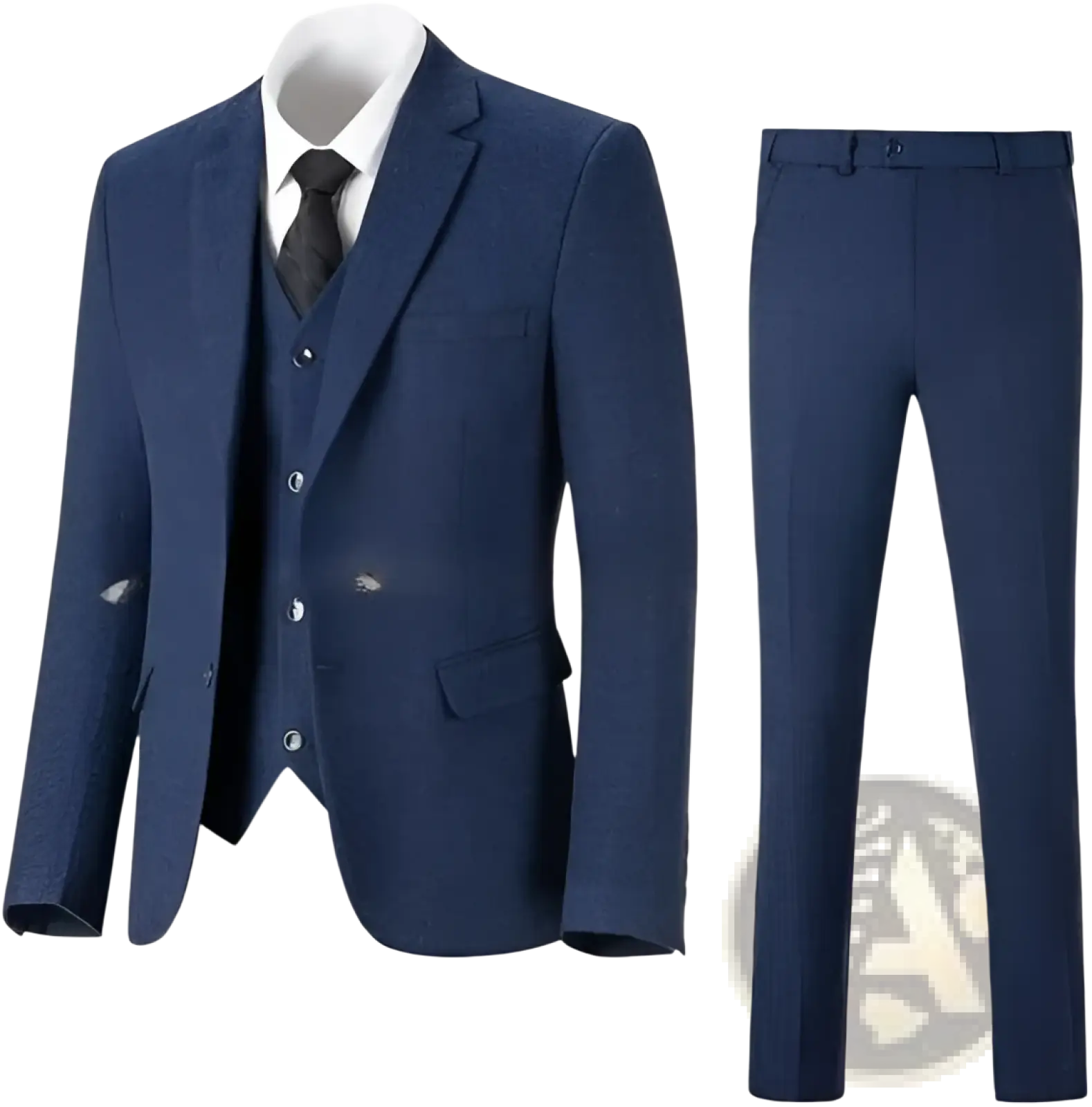 Navy blue textured wool herringbone three-piece slim work suit highlighting fabric detail and craftsmanship