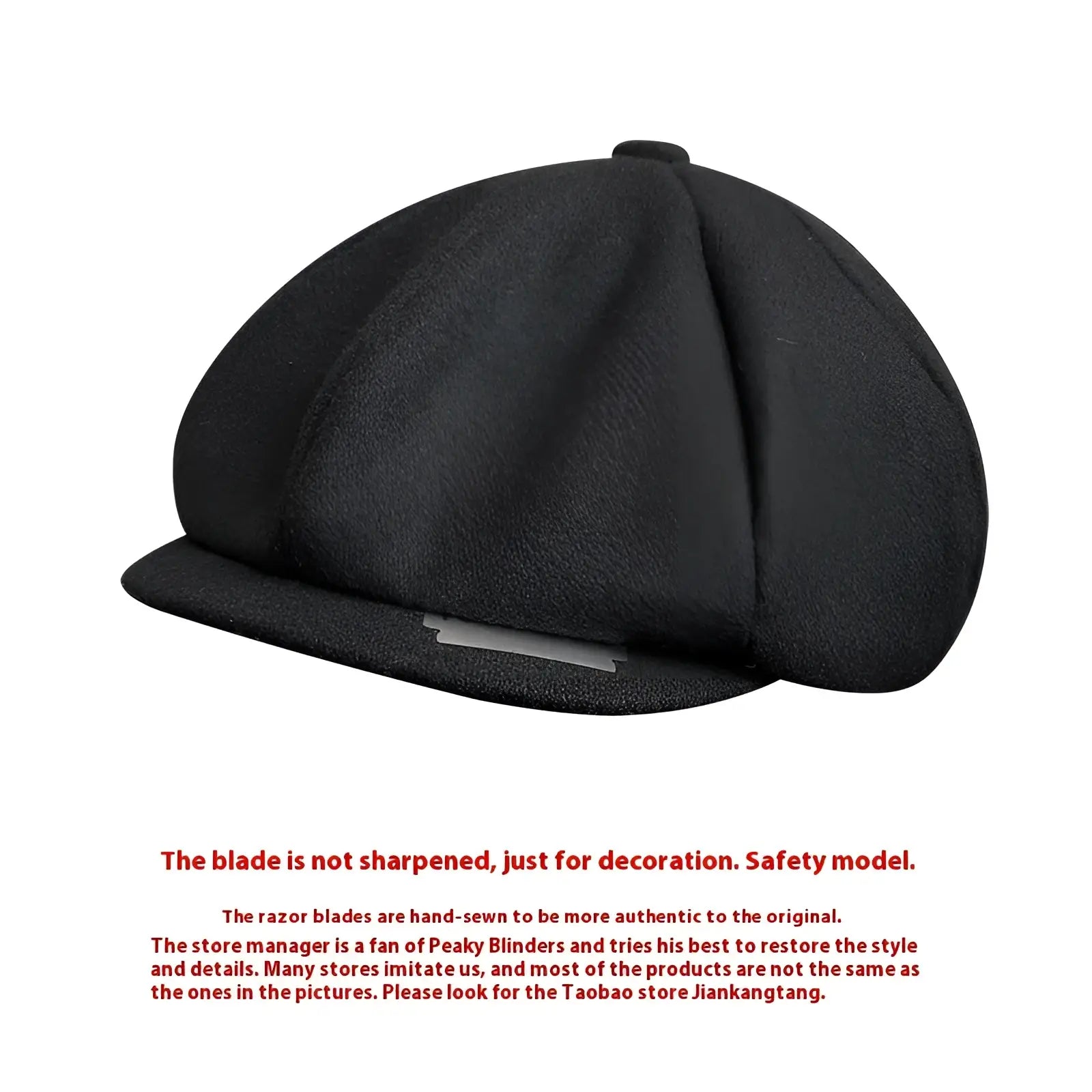 Black woolen herringbone octagonal flat cap with structured eight-panel design and metallic accent on the brim