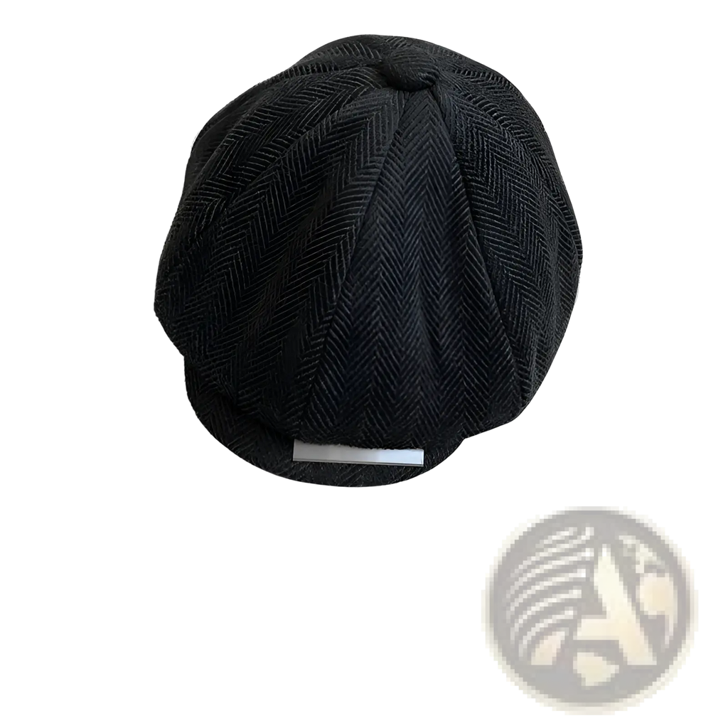 Black herringbone woolen octagonal flat cap featuring a structured eight-panel design and classic flat style