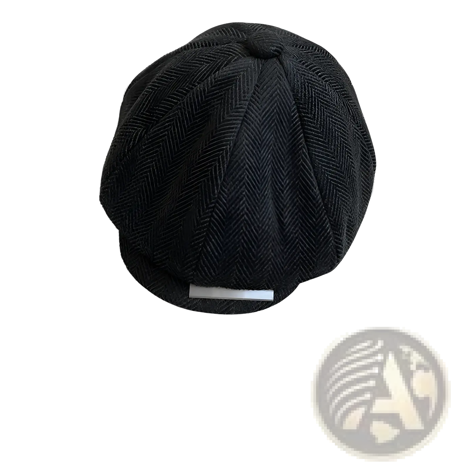 Black herringbone woolen octagonal flat cap featuring a structured eight-panel design and classic flat style