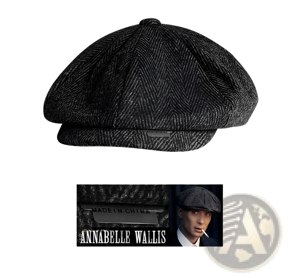 A dark gray herringbone woolen octagonal flat cap with structured eight-panel design and small metallic plaque