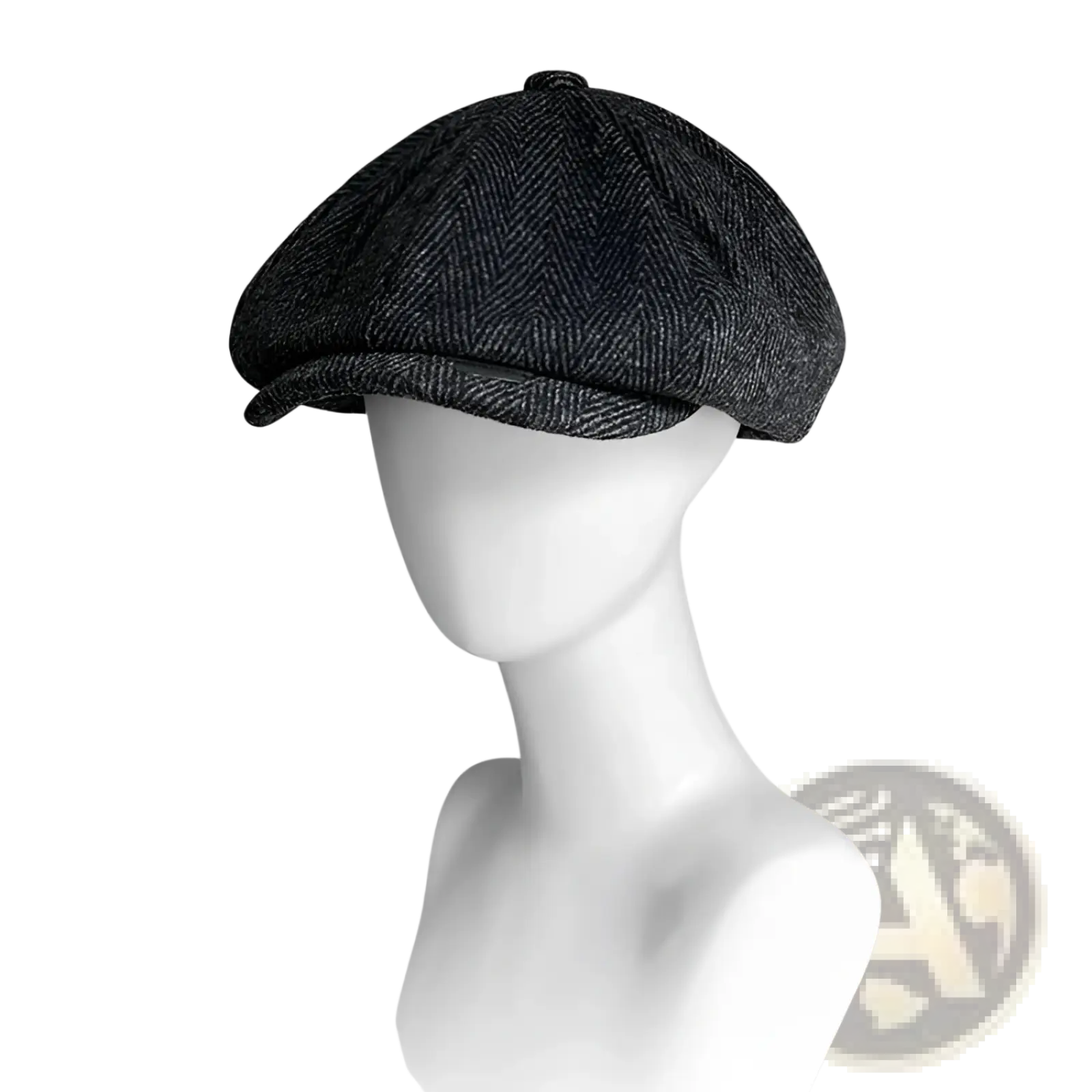 A dark gray herringbone woolen octagonal flat cap with eight-panel design and a slightly curved brim