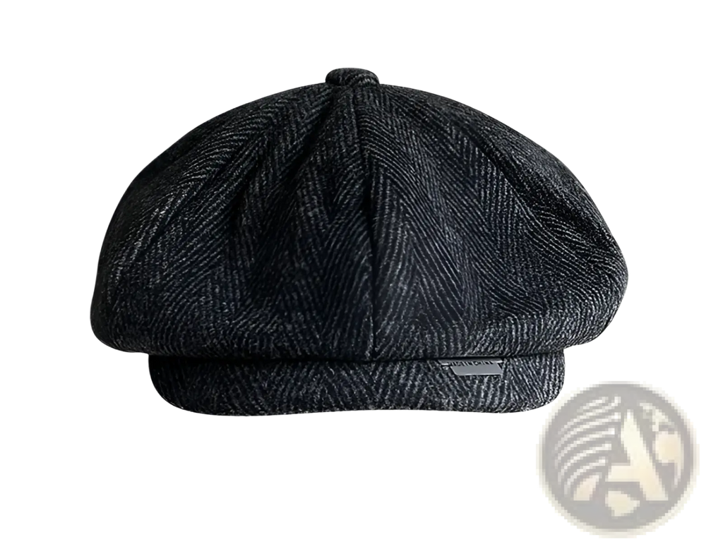 Dark gray herringbone woolen octagonal flat cap with structured eight-panel design and small brand tag on the side