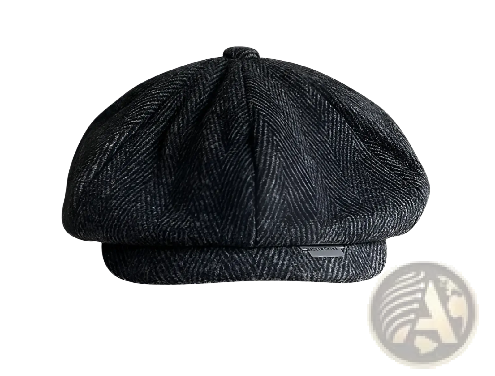 Dark gray herringbone woolen octagonal flat cap with structured eight-panel design and small brand tag on the side