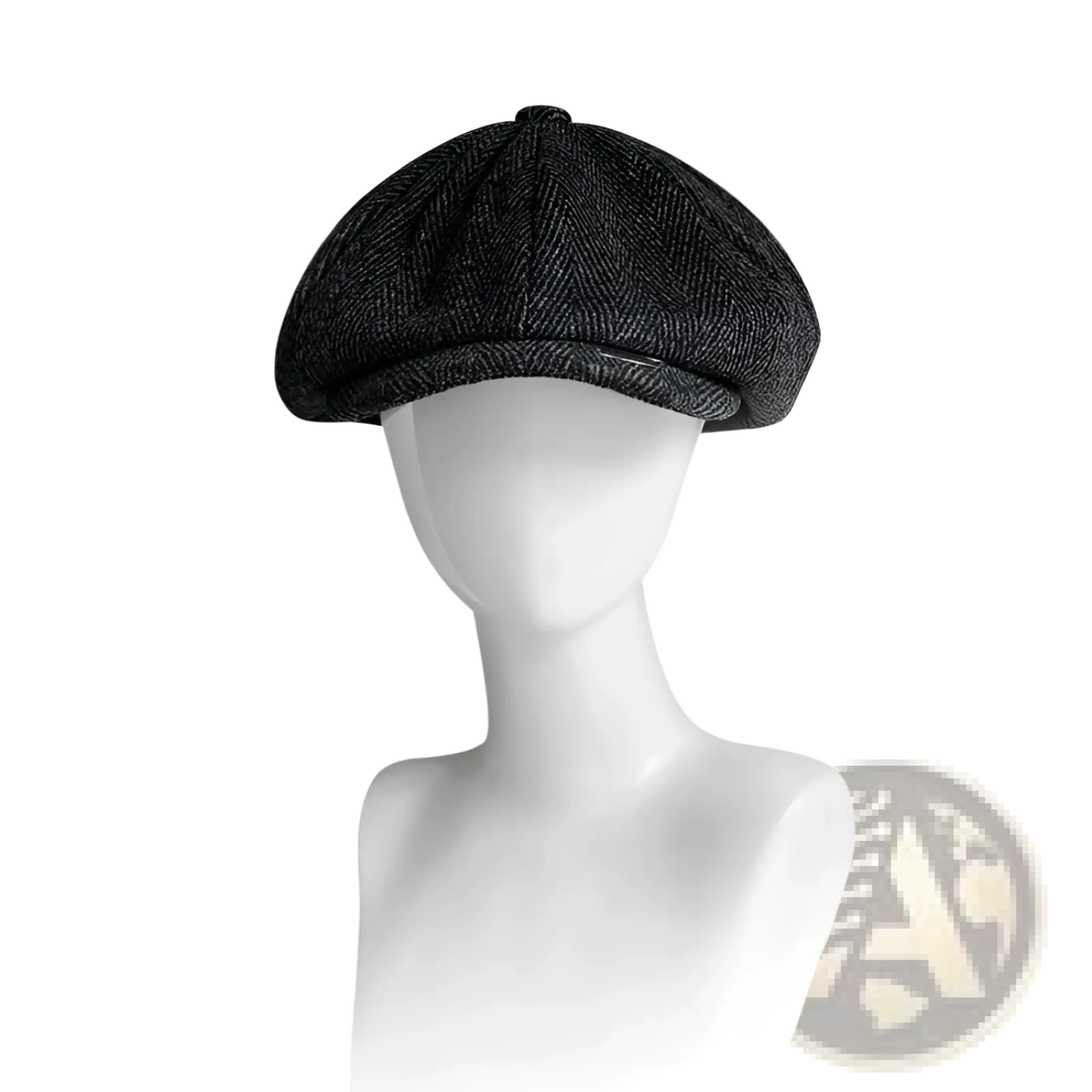 A dark gray herringbone woolen flat cap with an eight-panel structured octagonal design