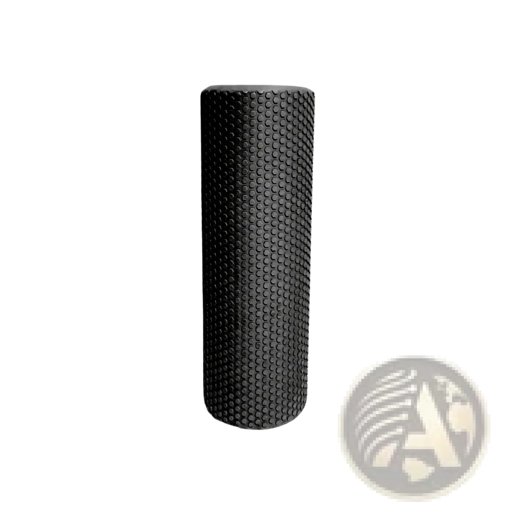 Black cylindrical hexagonal eva foam yoga roller with textured dimpled surface for pilates and fitness use
