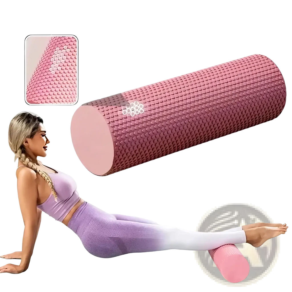 Pink hexagonal eva foam yoga roller with textured dotted surface and rounded ends for pilates exercises