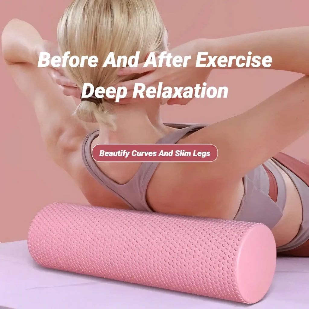 Pink hexagonal eva foam yoga roller with textured surface for pilates and muscle relief exercises