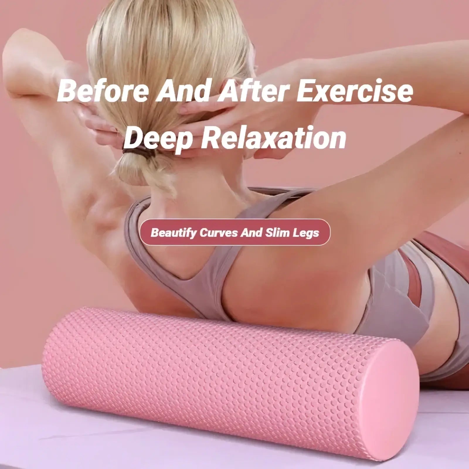 Pink hexagonal eva foam yoga roller with textured surface for pilates and muscle relief exercises