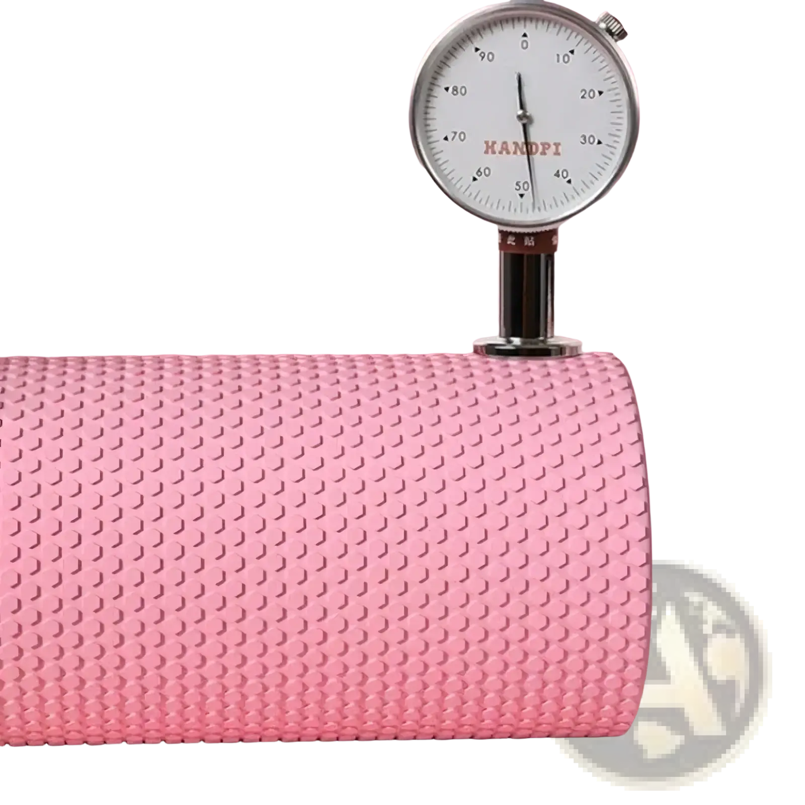 Pink hexagonal eva foam yoga roller with textured surface and hardness gauge showing 35 degrees for moderate massage