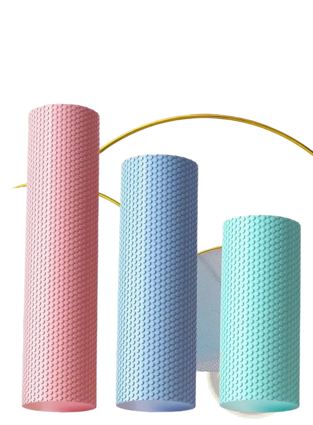 Hexagonal eva foam yoga rollers in pastel pink blue and mint green with textured surface for pilates use