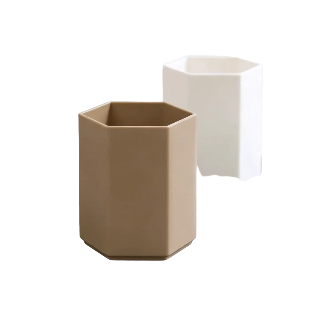 Beige hexagonal plastic toothbrush holder suitable as a pen holder desk organizer for office or home use