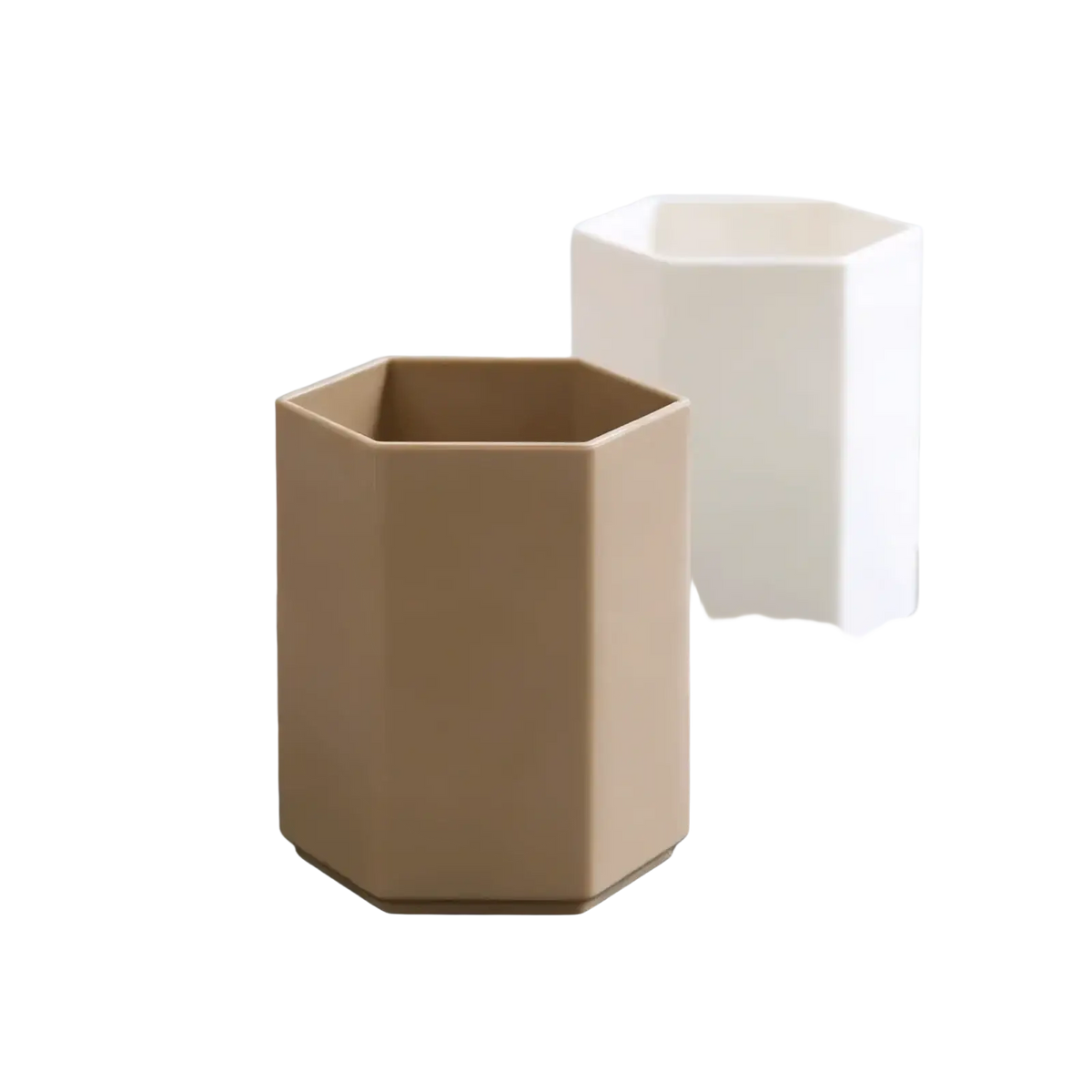 Beige hexagonal plastic toothbrush holder suitable as a pen holder desk organizer for office or home use