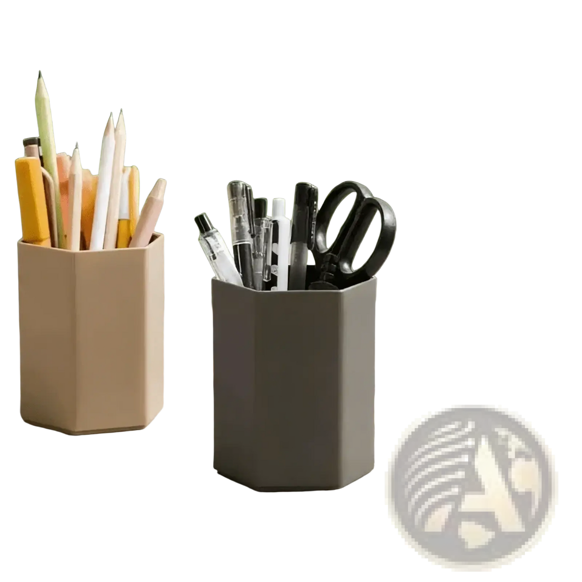 Gray hexagonal plastic pen holder desk organizer filled with pens and scissors for office use