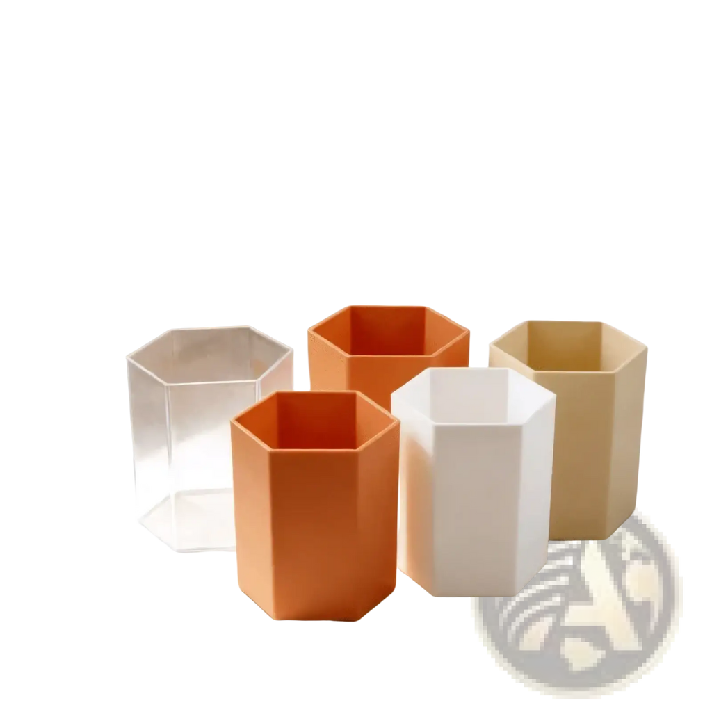 Set of hexagonal plastic pen holder desk organizers in clear orange white and beige for desktop storage