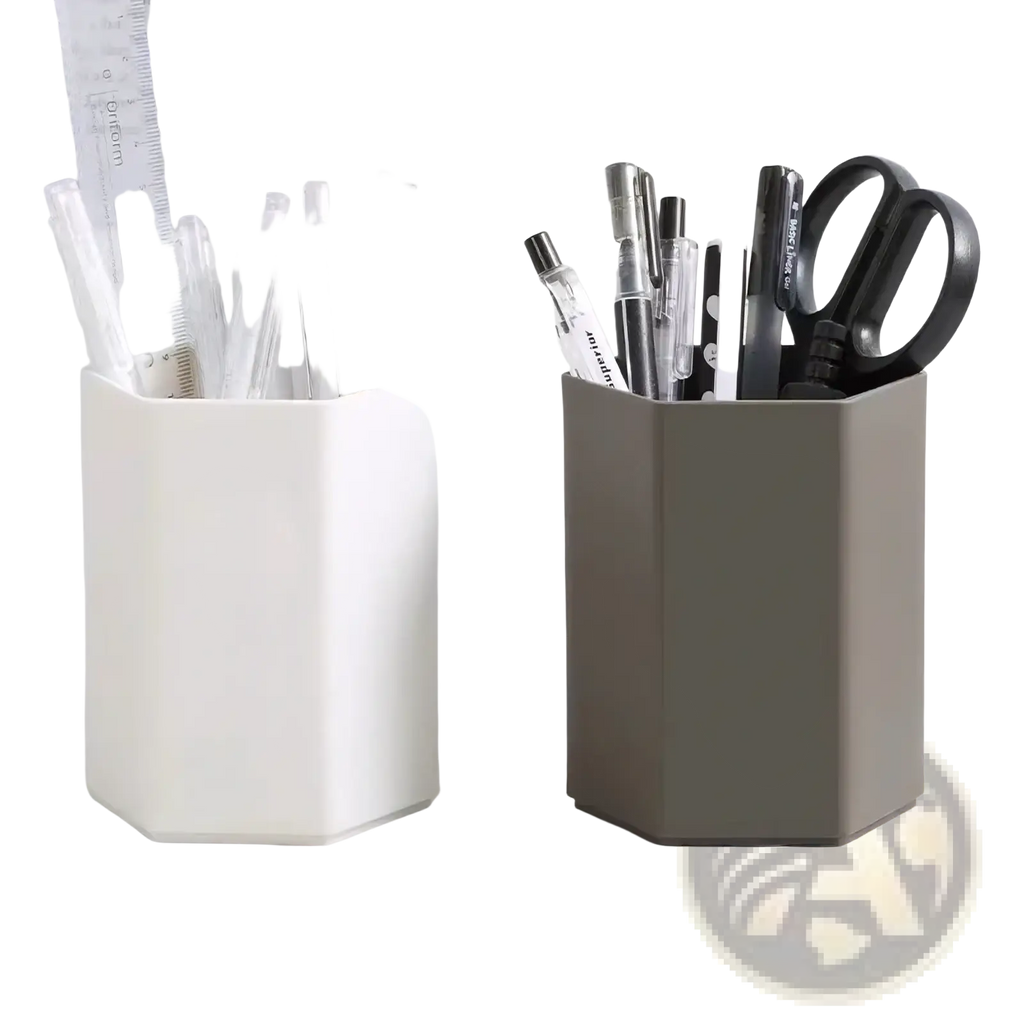 Two hexagonal plastic pen holder desk organizers in white and olive green filled with pens pencils and scissors