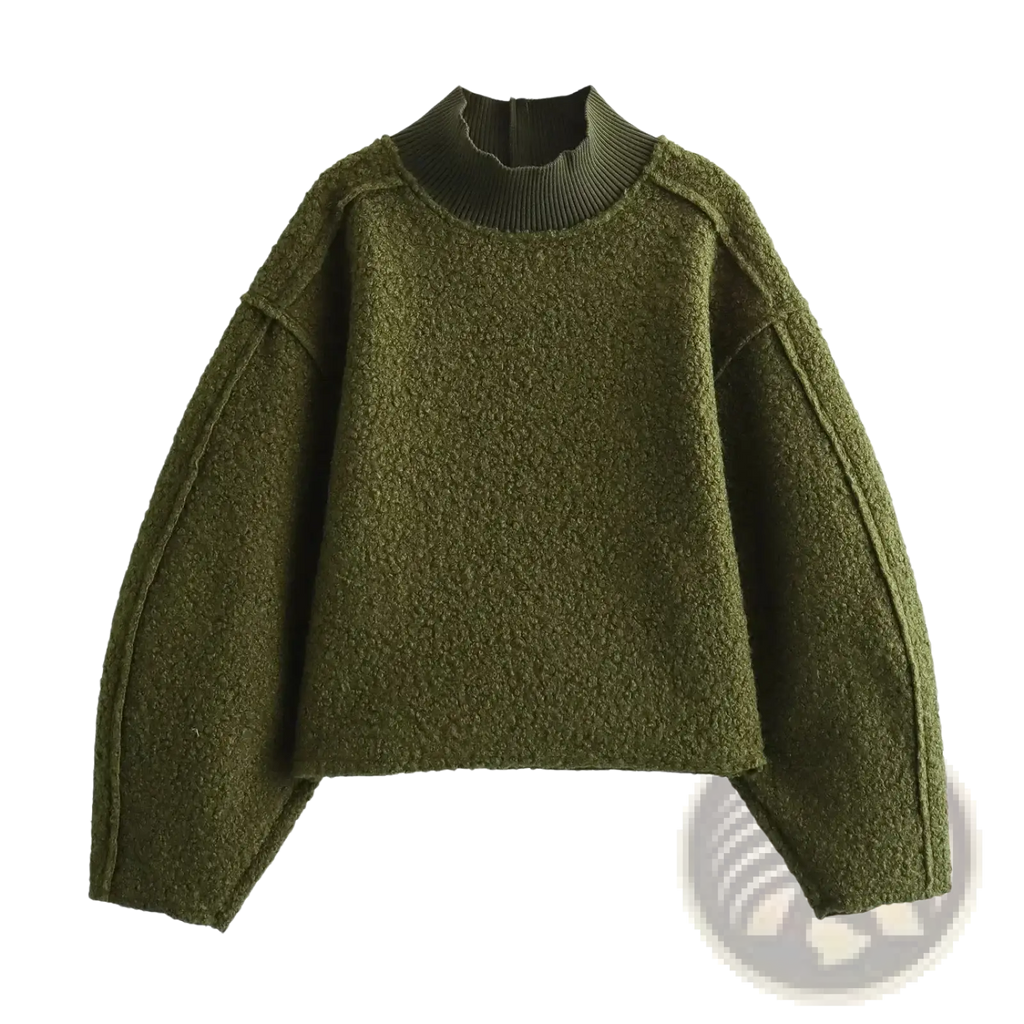 Olive green textured knit hh turtleneck loose pullover sweatshirt with ribbed high neckline and wide sleeves