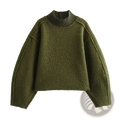 Olive green textured knit hh turtleneck loose pullover sweatshirt with ribbed high neckline and wide sleeves
