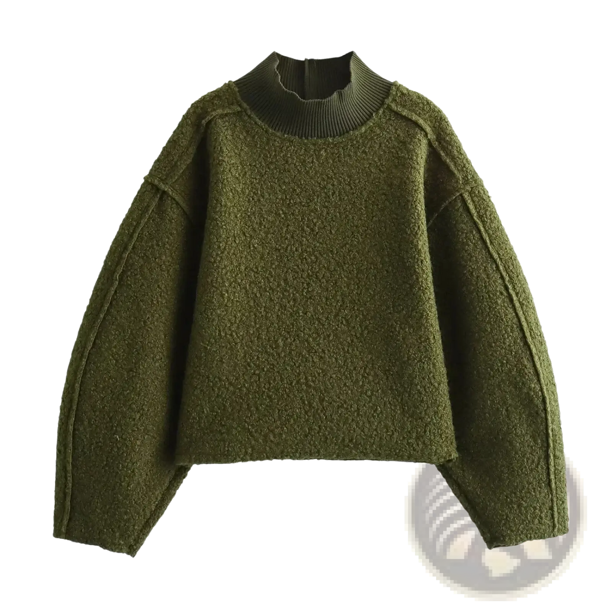 Olive green textured knit hh turtleneck loose pullover sweatshirt with ribbed high neckline and wide sleeves