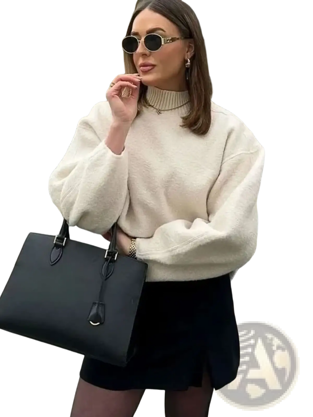Black leather tote bag with silver-toned hardware and front flap closure featured with hh turtleneck loose pullover sweatshirt