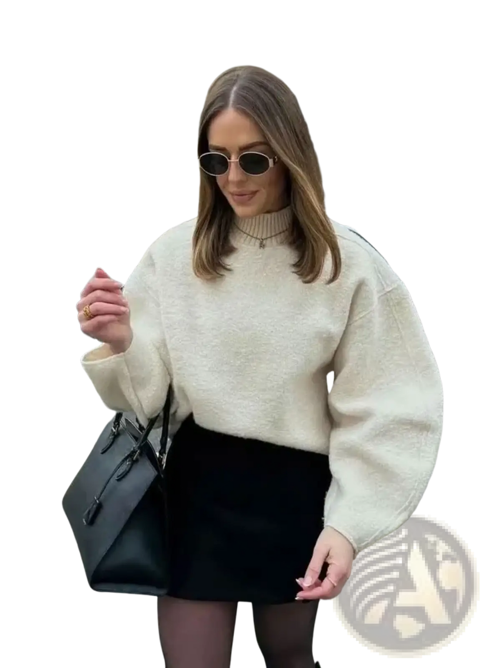 Cream-colored fluffy oversized hh turtleneck loose pullover sweatshirt with high turtleneck and long sleeves