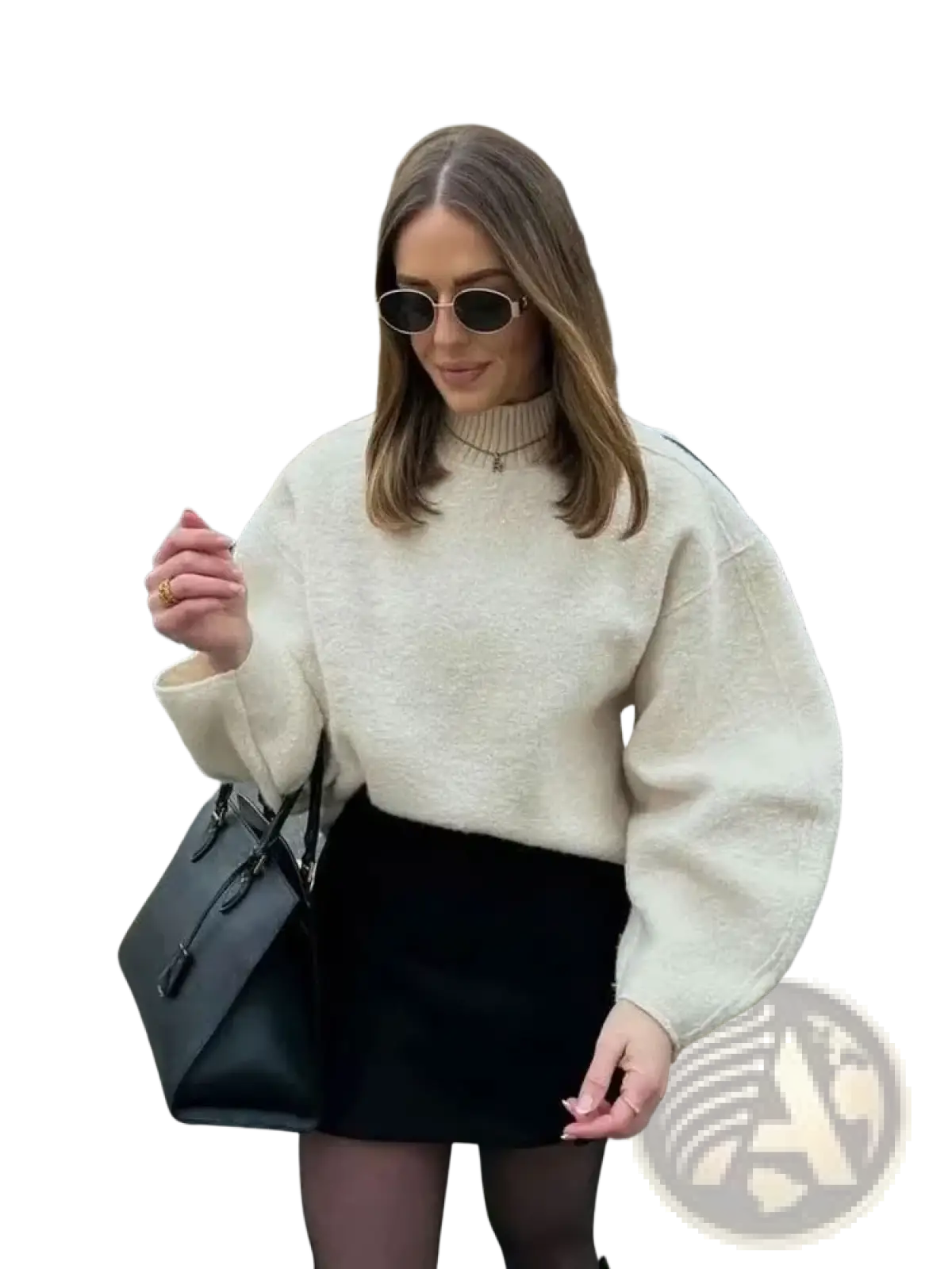 Cream-colored fluffy oversized hh turtleneck loose pullover sweatshirt with high turtleneck and long sleeves