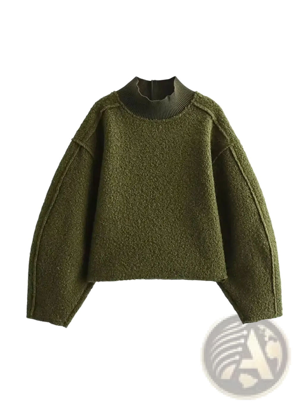 Olive green textured knit hh turtleneck loose pullover sweatshirt with ribbed high neckline and oversized fit