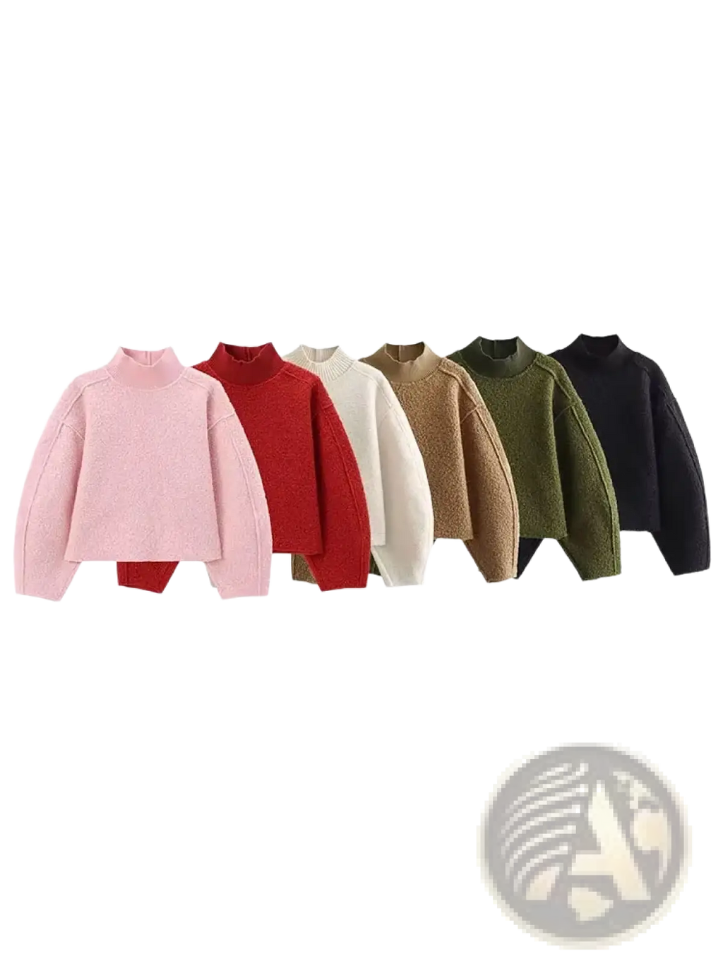 A row of six hh turtleneck loose pullover sweatshirts in cozy cropped pastel pink red white beige olive and black colors