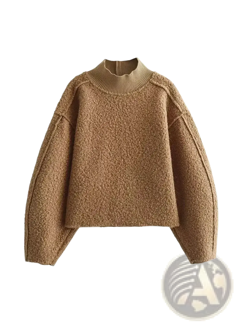 Tan fluffy textured knit hh turtleneck loose pullover sweatshirt with ribbed high neckline and oversized silhouette
