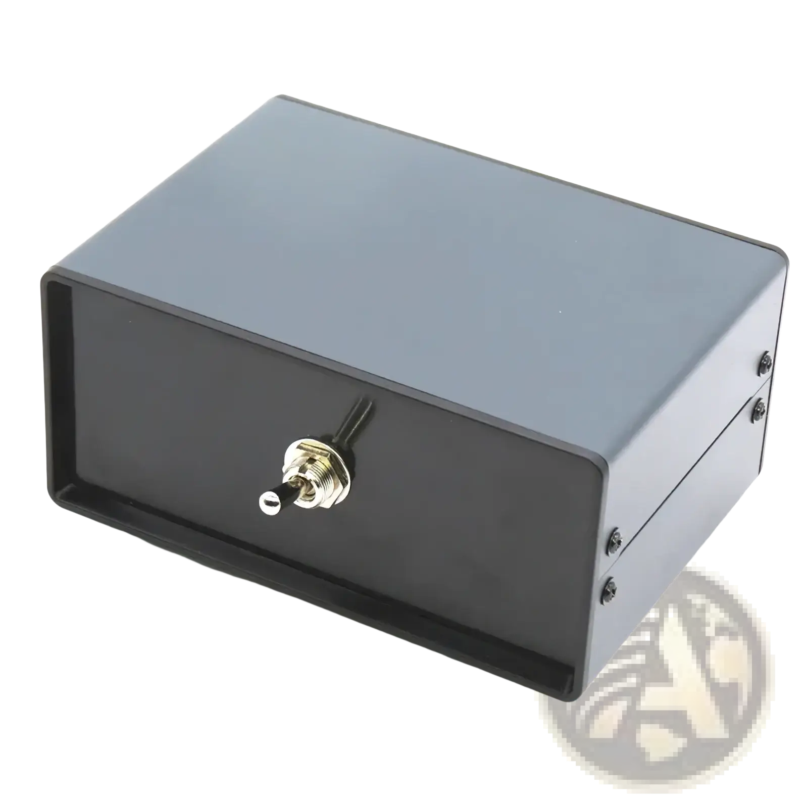 Black rectangular metal hifi audio switcher 2 way speaker selector box with a silver toggle switch on the front panel