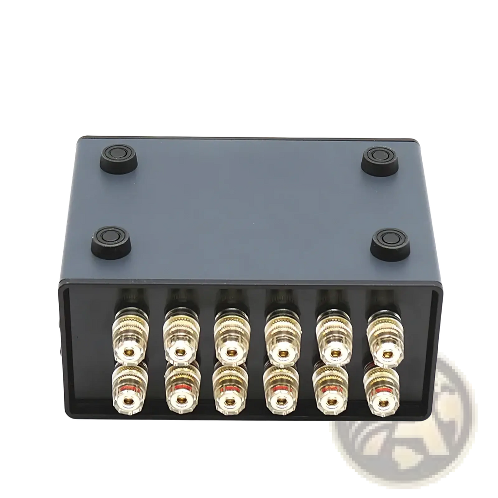 Black rectangular hifi audio switcher 2 way speaker selector box with eight gold-plated binding posts back view