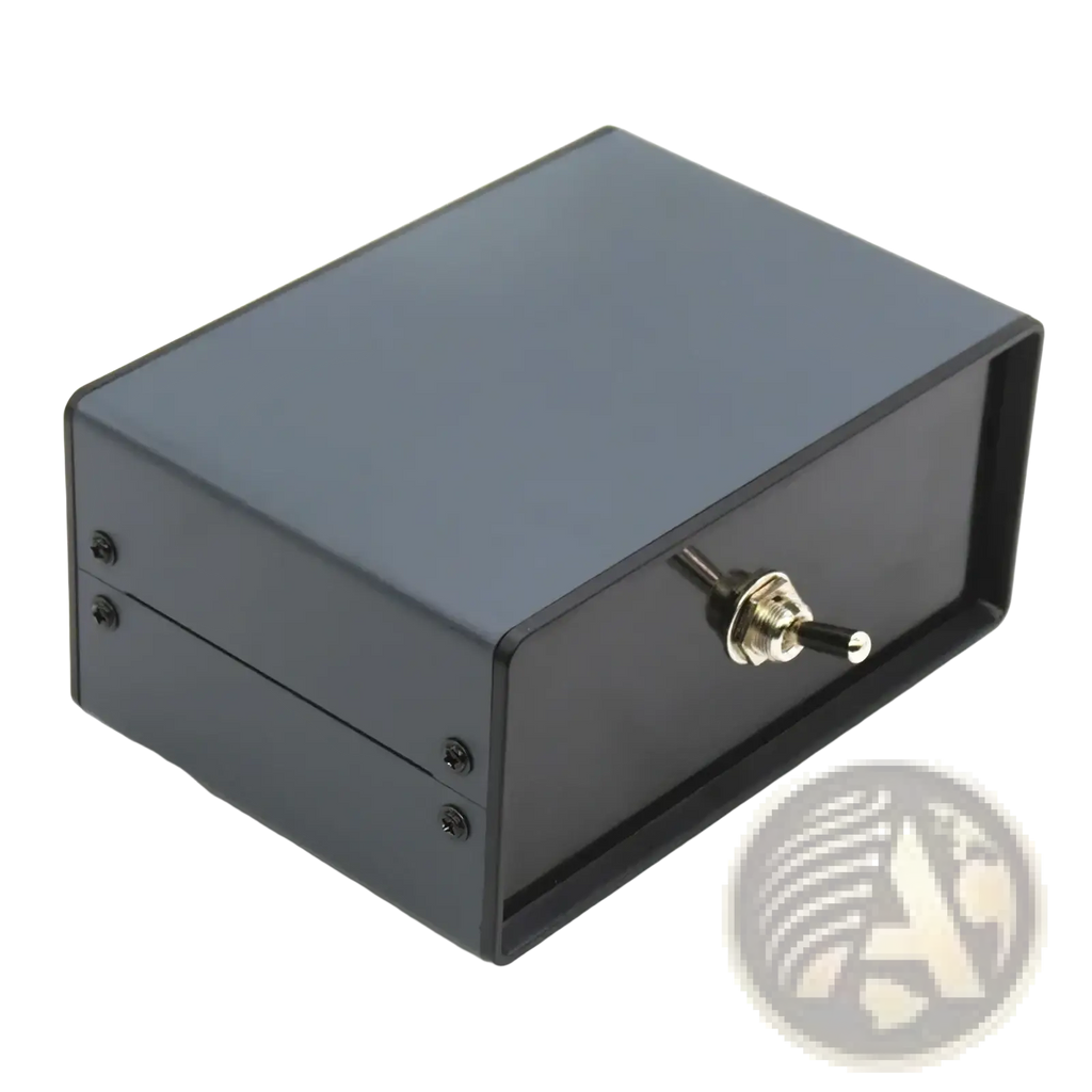 Black rectangular metal hifi audio switcher 2 way speaker selector box with a silver toggle switch on the front panel