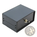 Black rectangular metal hifi audio switcher 2 way speaker selector box with a silver toggle switch on the front panel
