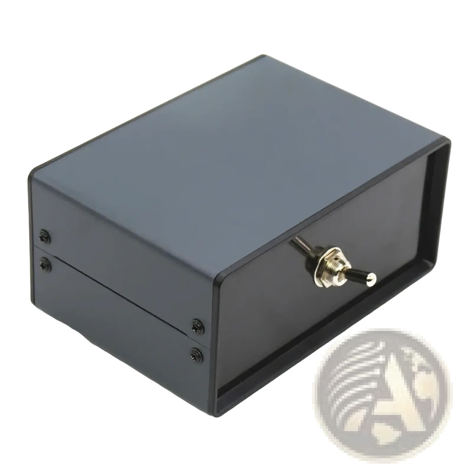 Black rectangular metal hifi audio switcher 2 way speaker selector box with a silver toggle switch on the front panel