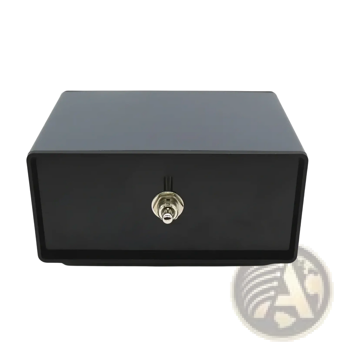 Black rectangular hifi audio switcher 2 way speaker selector box with silver keyhole and lock mechanism visible