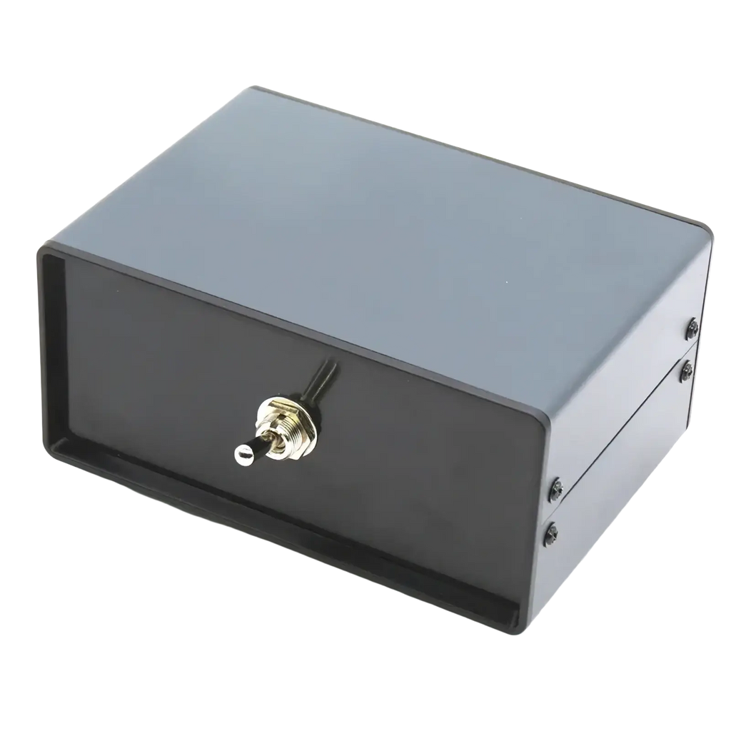 Black rectangular metal hifi audio switcher 2 way speaker selector box with a silver toggle switch on the front panel