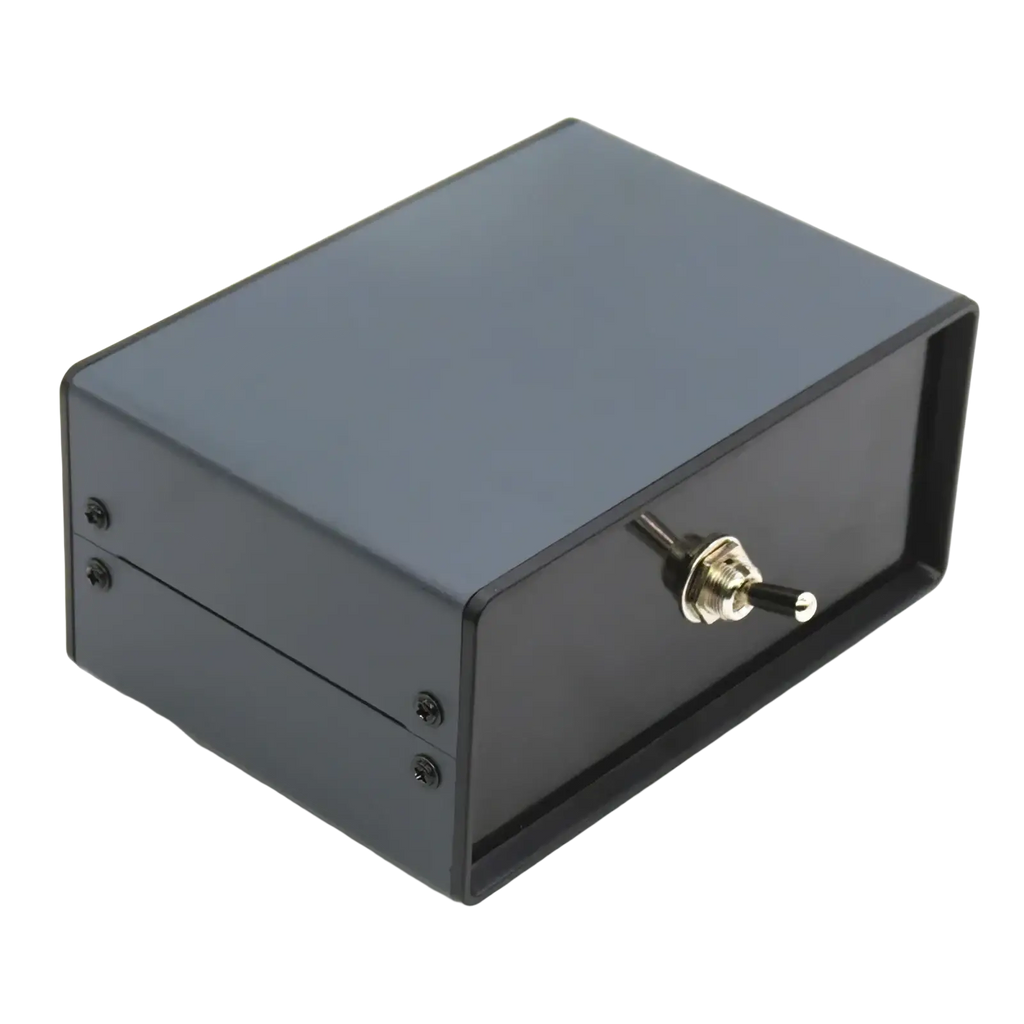 Black rectangular metal hifi audio switcher 2 way speaker selector box with a silver toggle switch on the front panel