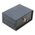 Black rectangular metal hifi audio switcher 2 way speaker selector box with a silver toggle switch on the front panel