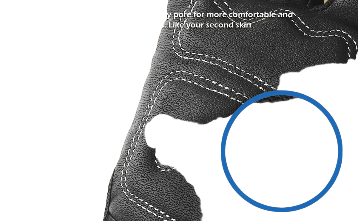 Black PU leather high dexterity touch screen work glove with white stitching and textured skin-feeling surface back side