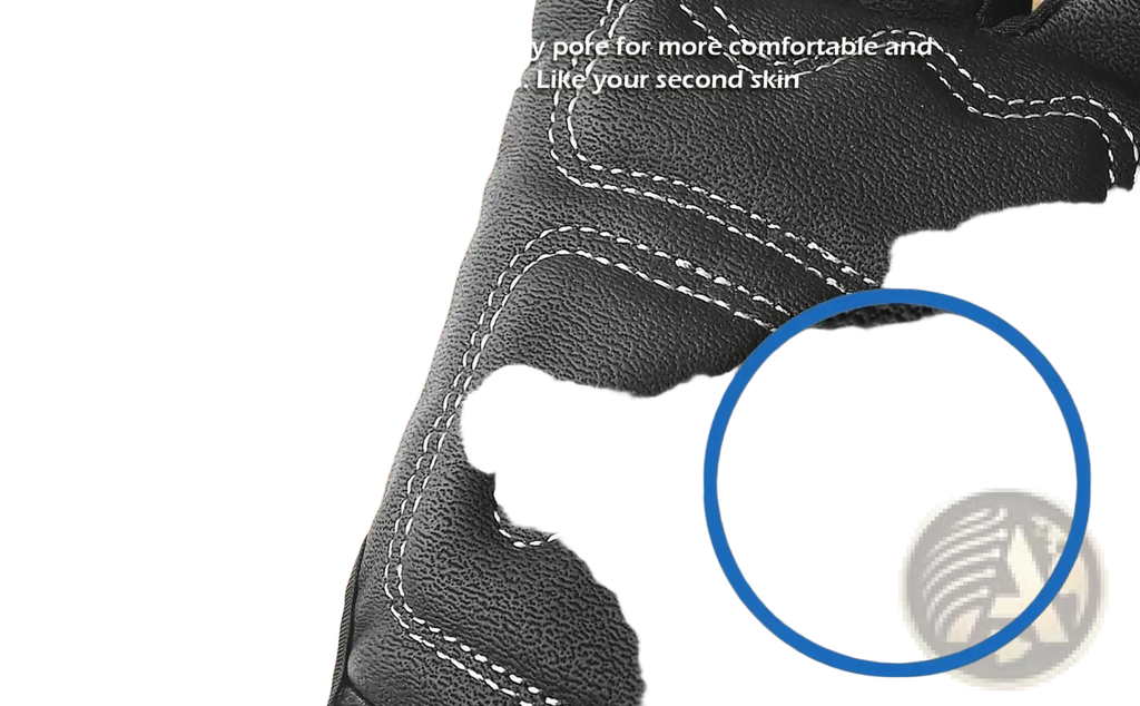 Black PU leather high dexterity touch screen work glove with white stitching and textured skin-feeling surface back side