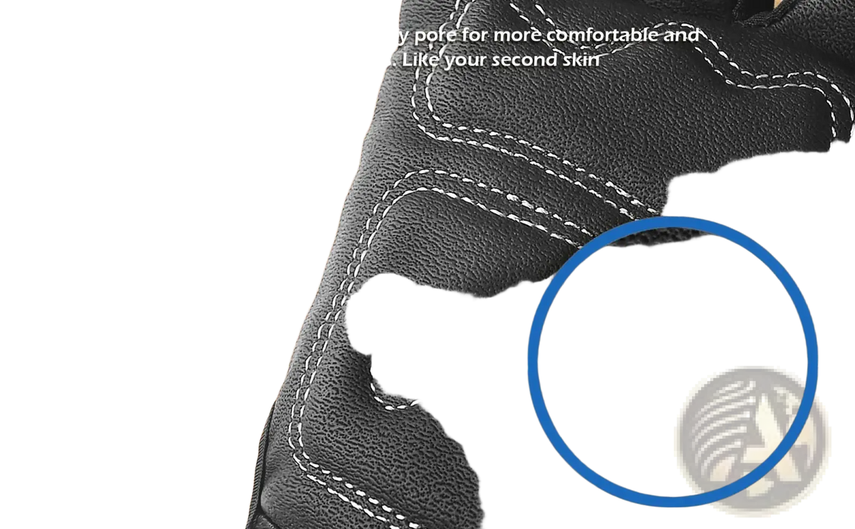 Black PU leather high dexterity touch screen work glove with white stitching and textured skin-feeling surface back side