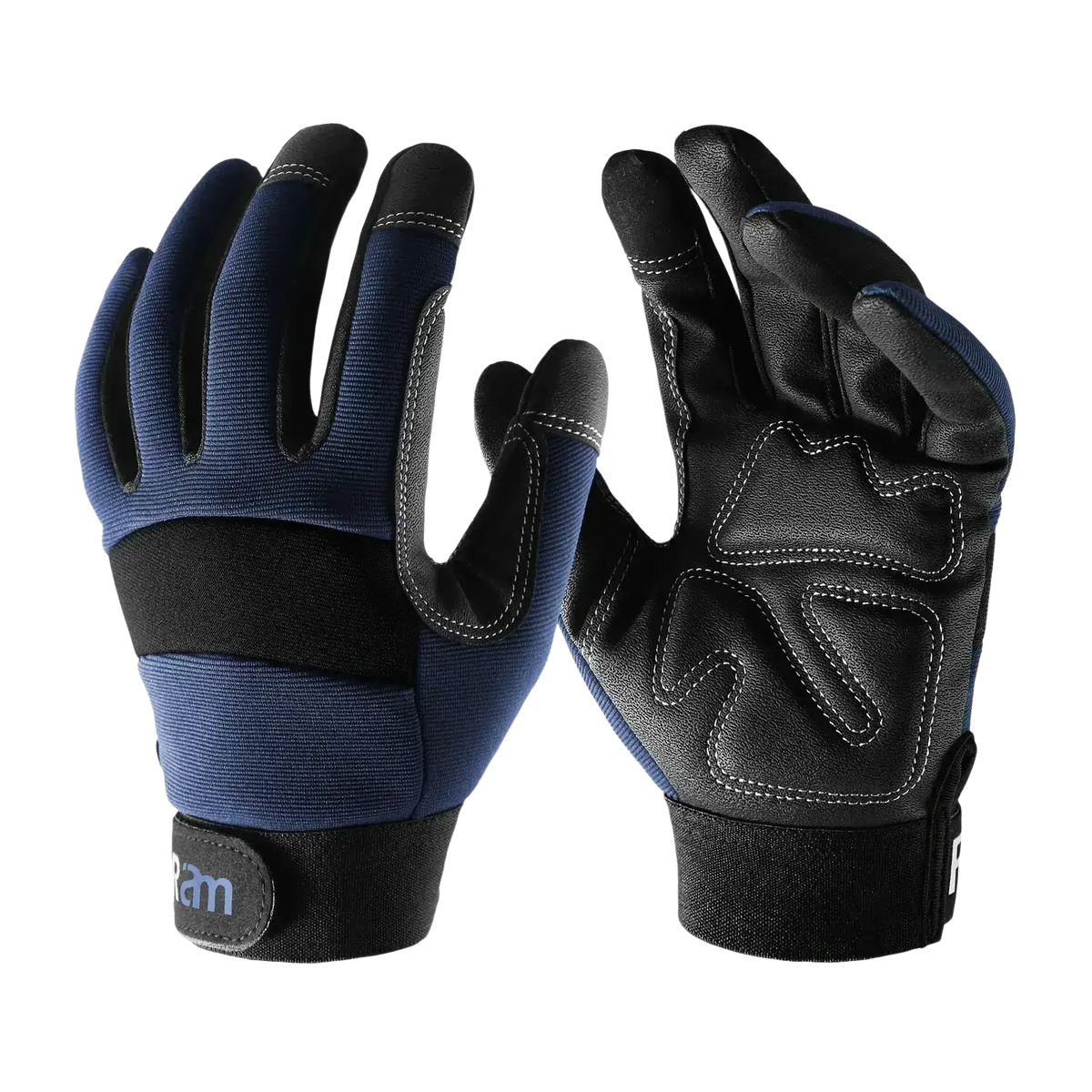 Blue and black high dexterity touch screen work gloves with reinforced leather palms and textured fabric fingers